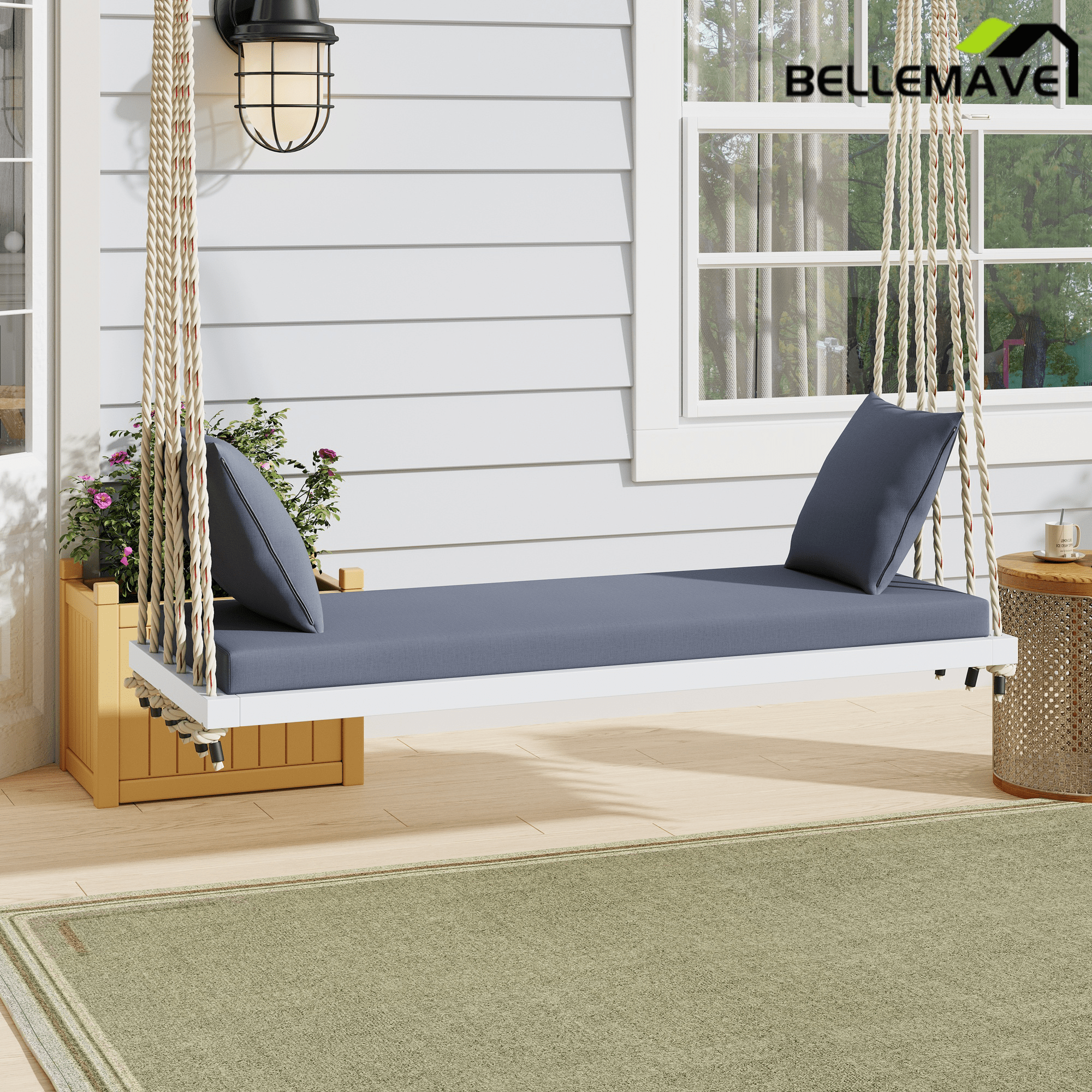 Bellemave® Outdoor Wooden Porch Swing – 2 - Seat Hanging Bench with Cushion & Pillows, Brown - Bellemave