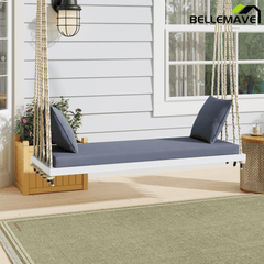 Bellemave® Outdoor Wooden Porch Swing – 2 - Seat Hanging Bench with Cushion & Pillows, Brown - Bellemave