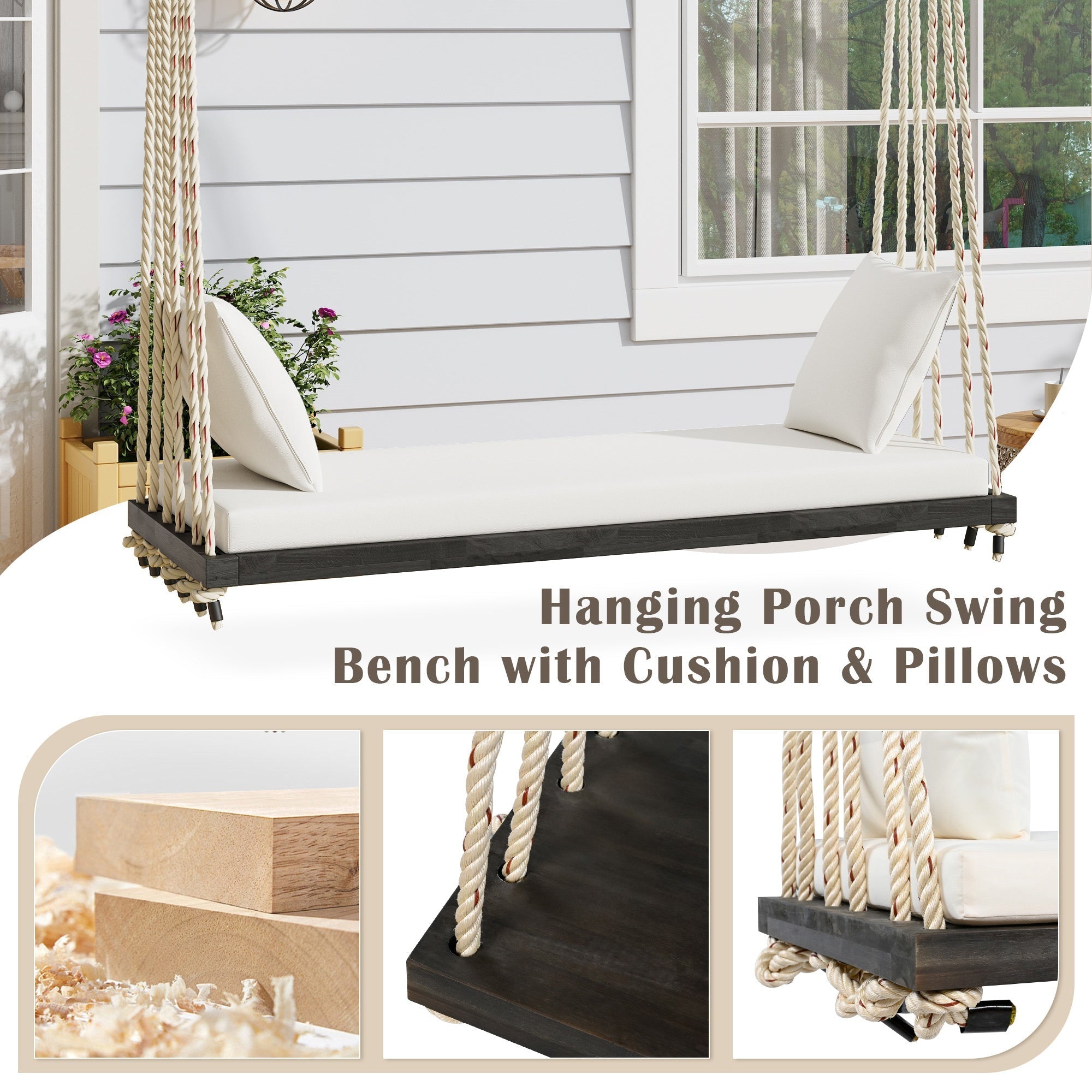 Bellemave® Outdoor Wooden Porch Swing – 2 - Seat Hanging Bench with Cushion & Pillows, Brown - Bellemave
