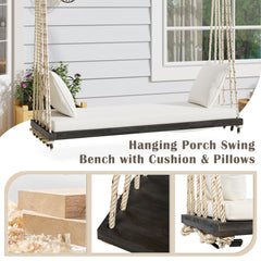Bellemave® Outdoor Wooden Porch Swing – 2 - Seat Hanging Bench with Cushion & Pillows, Brown - Bellemave