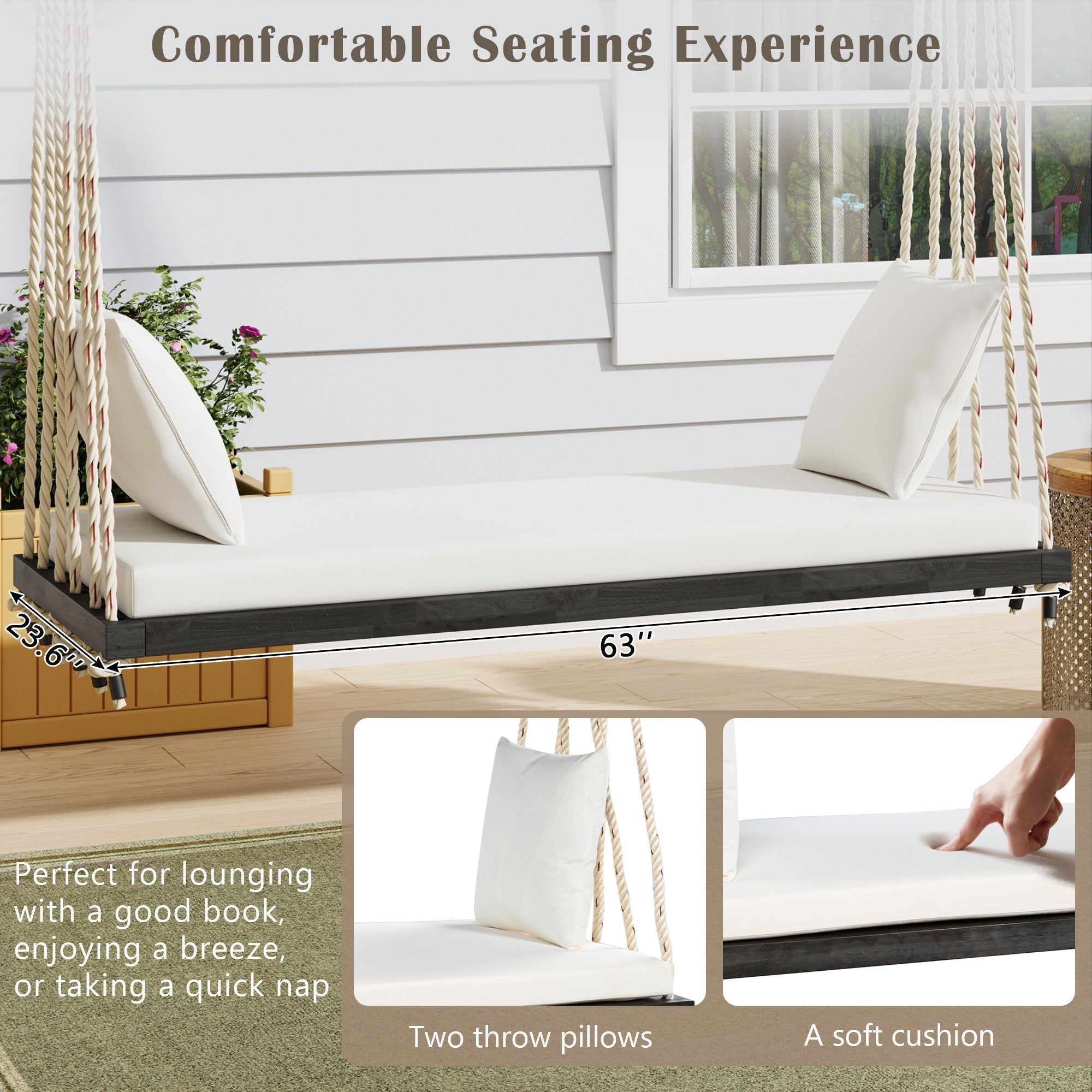 Bellemave® Outdoor Wooden Porch Swing – 2 - Seat Hanging Bench with Cushion & Pillows, Brown - Bellemave