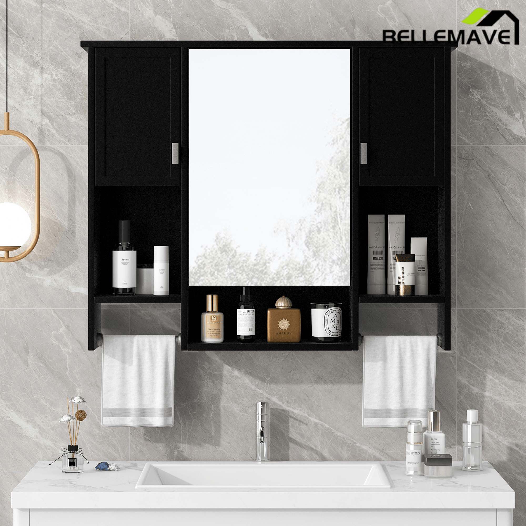 Bellemave® Over The Toilet Bathroom Cabinet with Mirror, Side Cabinet & Towel Bar – Wall Mounted Storage, 35"W x 28.7"H - Bellemave
