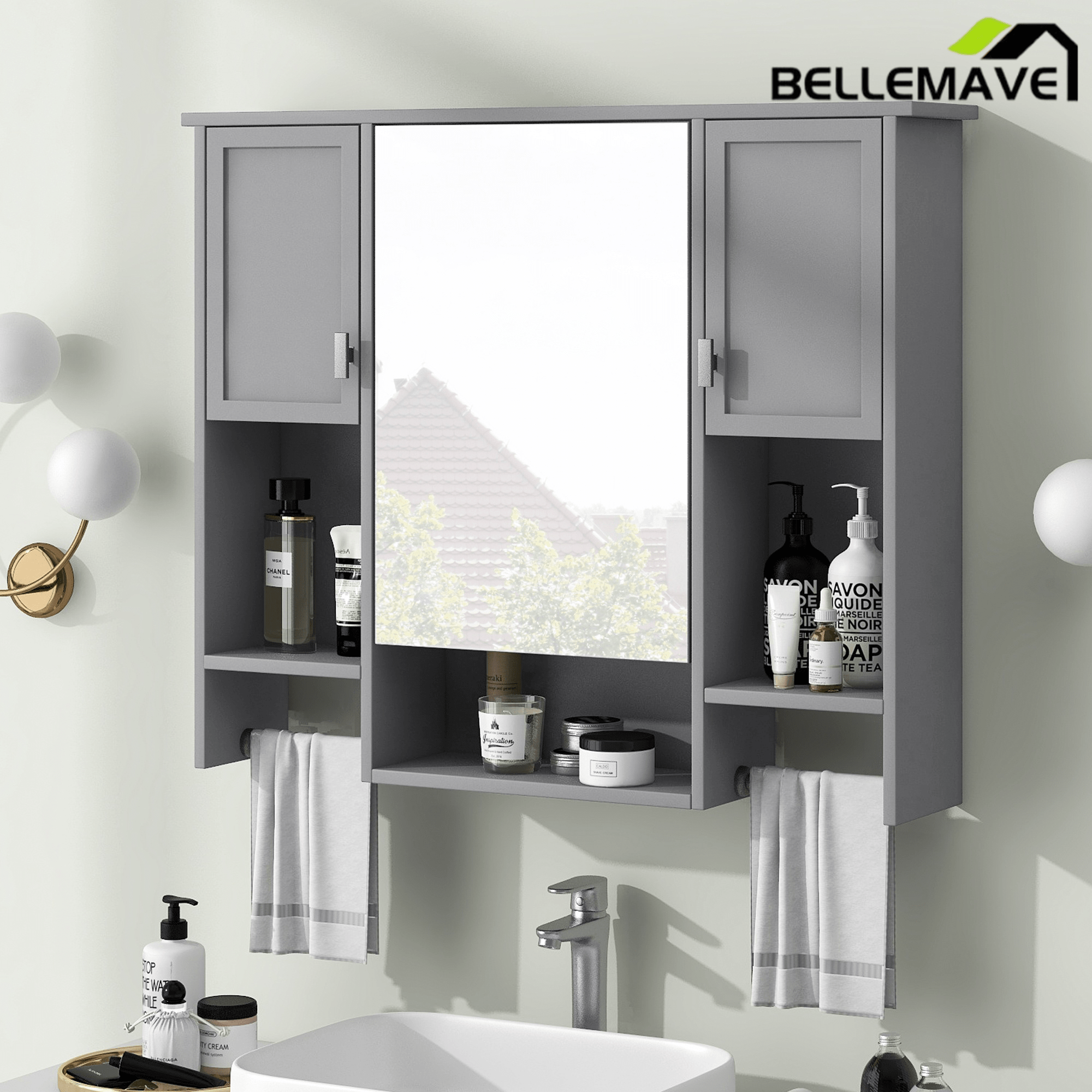 Bellemave® Over The Toilet Bathroom Cabinet with Mirror, Side Cabinet & Towel Bar – Wall Mounted Storage, 35"W x 28.7"H - Bellemave