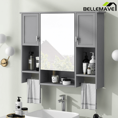 Bellemave® Over The Toilet Bathroom Cabinet with Mirror, Side Cabinet & Towel Bar – Wall Mounted Storage, 35"W x 28.7"H - Bellemave