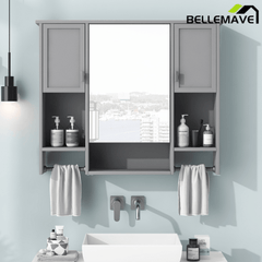 Bellemave® Over The Toilet Bathroom Cabinet with Mirror, Side Cabinet & Towel Bar – Wall Mounted Storage, 35"W x 28.7"H - Bellemave