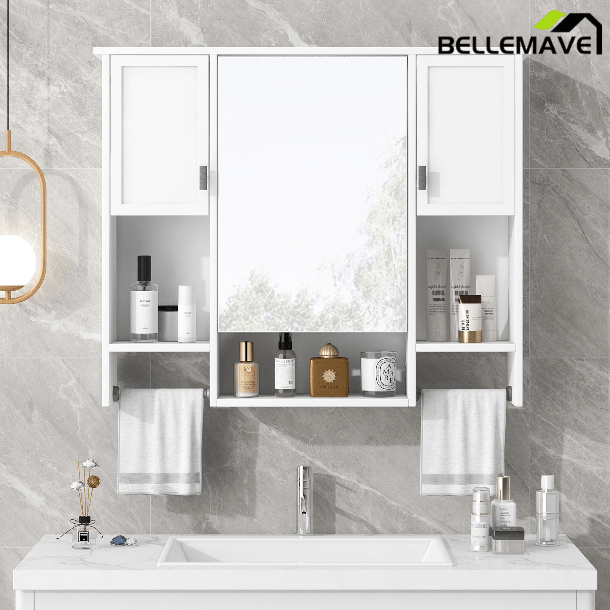 Bellemave® Over The Toilet Bathroom Cabinet with Mirror, Side Cabinet & Towel Bar – Wall Mounted Storage, 35"W x 28.7"H - Bellemave