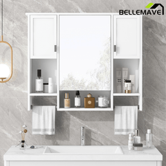 Bellemave® Over The Toilet Bathroom Cabinet with Mirror, Side Cabinet & Towel Bar – Wall Mounted Storage, 35"W x 28.7"H - Bellemave