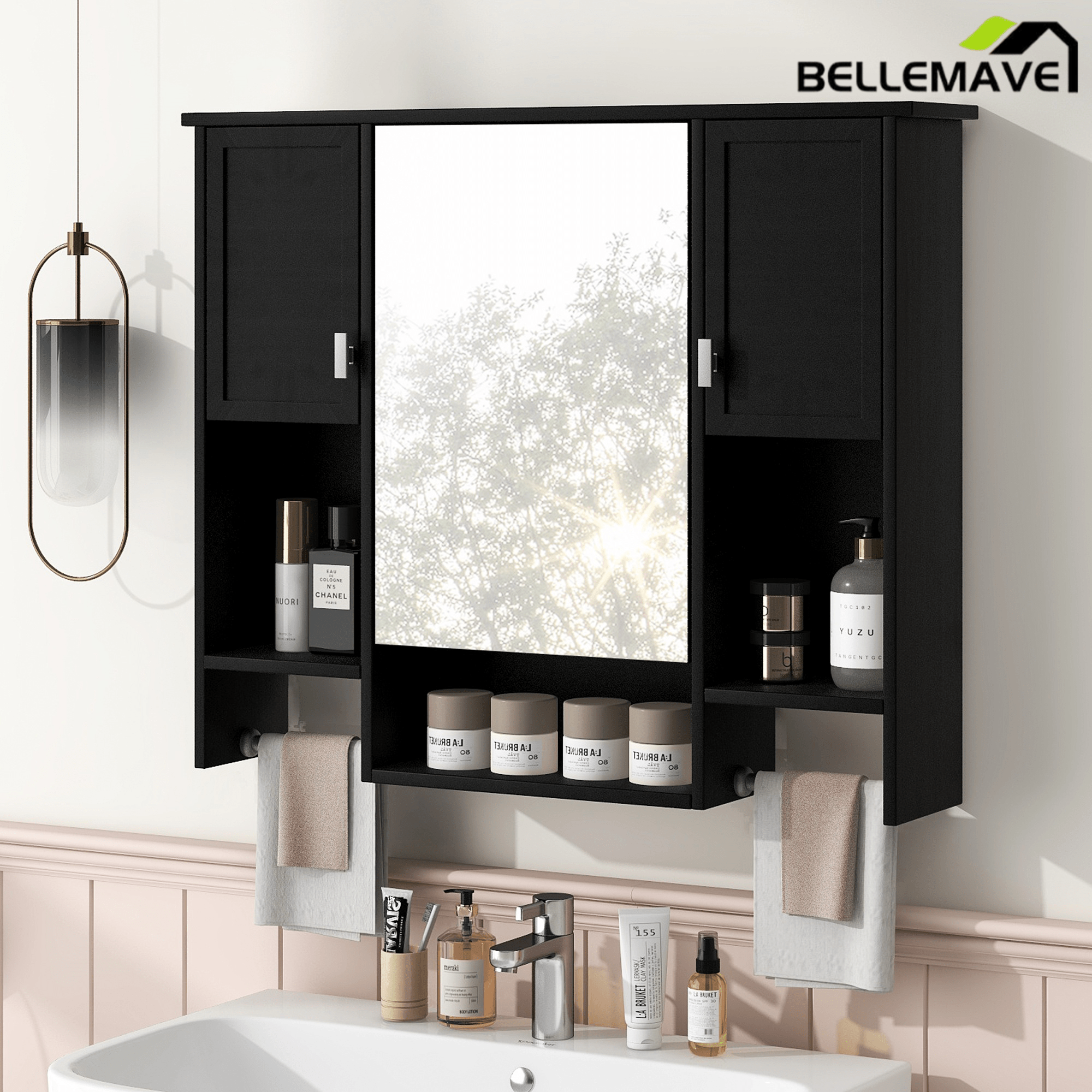 Bellemave® Over The Toilet Bathroom Cabinet with Mirror, Side Cabinet & Towel Bar – Wall Mounted Storage, 35"W x 28.7"H - Bellemave