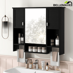 Bellemave® Over The Toilet Bathroom Cabinet with Mirror, Side Cabinet & Towel Bar – Wall Mounted Storage, 35"W x 28.7"H - Bellemave