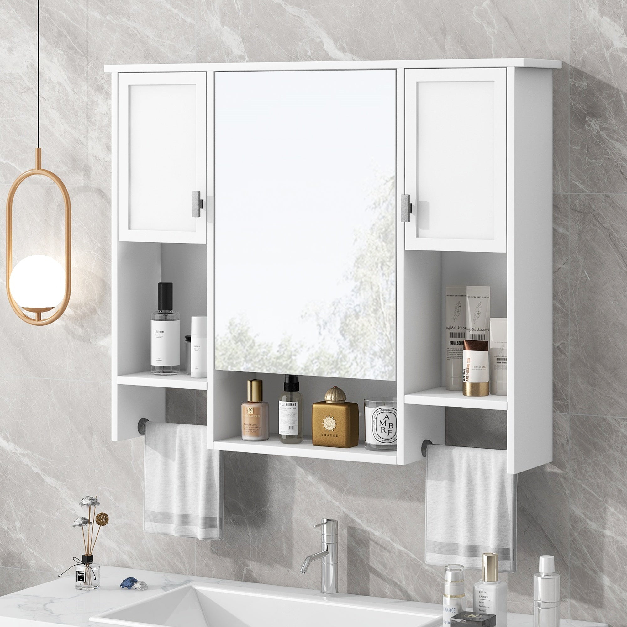 Bellemave® Over The Toilet Bathroom Cabinet with Mirror, Side Cabinet & Towel Bar – Wall Mounted Storage, 35"W x 28.7"H - Bellemave