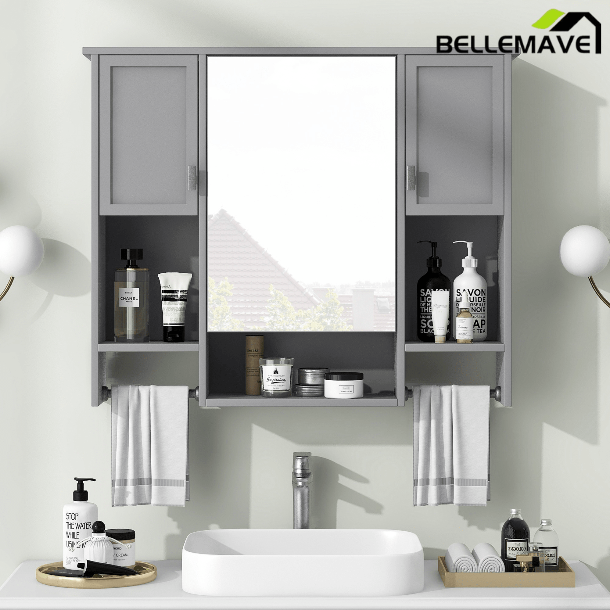 Bellemave® Over The Toilet Bathroom Cabinet with Mirror, Side Cabinet & Towel Bar – Wall Mounted Storage, 35"W x 28.7"H - Bellemave