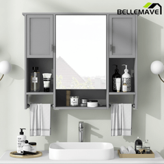 Bellemave® Over The Toilet Bathroom Cabinet with Mirror, Side Cabinet & Towel Bar – Wall Mounted Storage, 35"W x 28.7"H - Bellemave