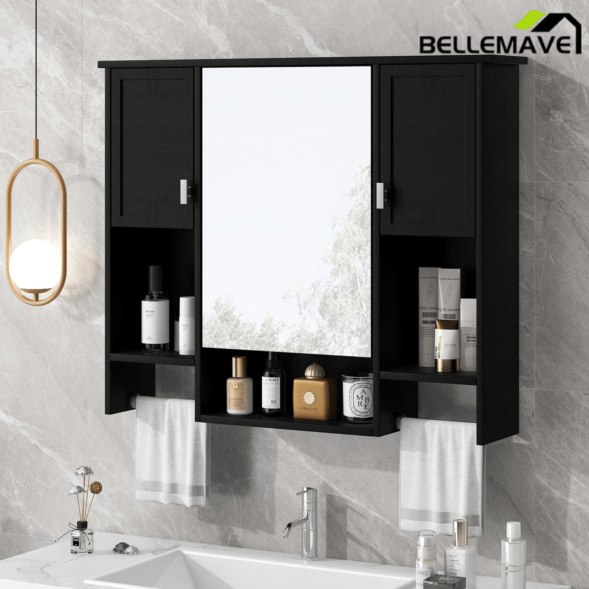 Bellemave® Over The Toilet Bathroom Cabinet with Mirror, Side Cabinet & Towel Bar – Wall Mounted Storage, 35"W x 28.7"H - Bellemave