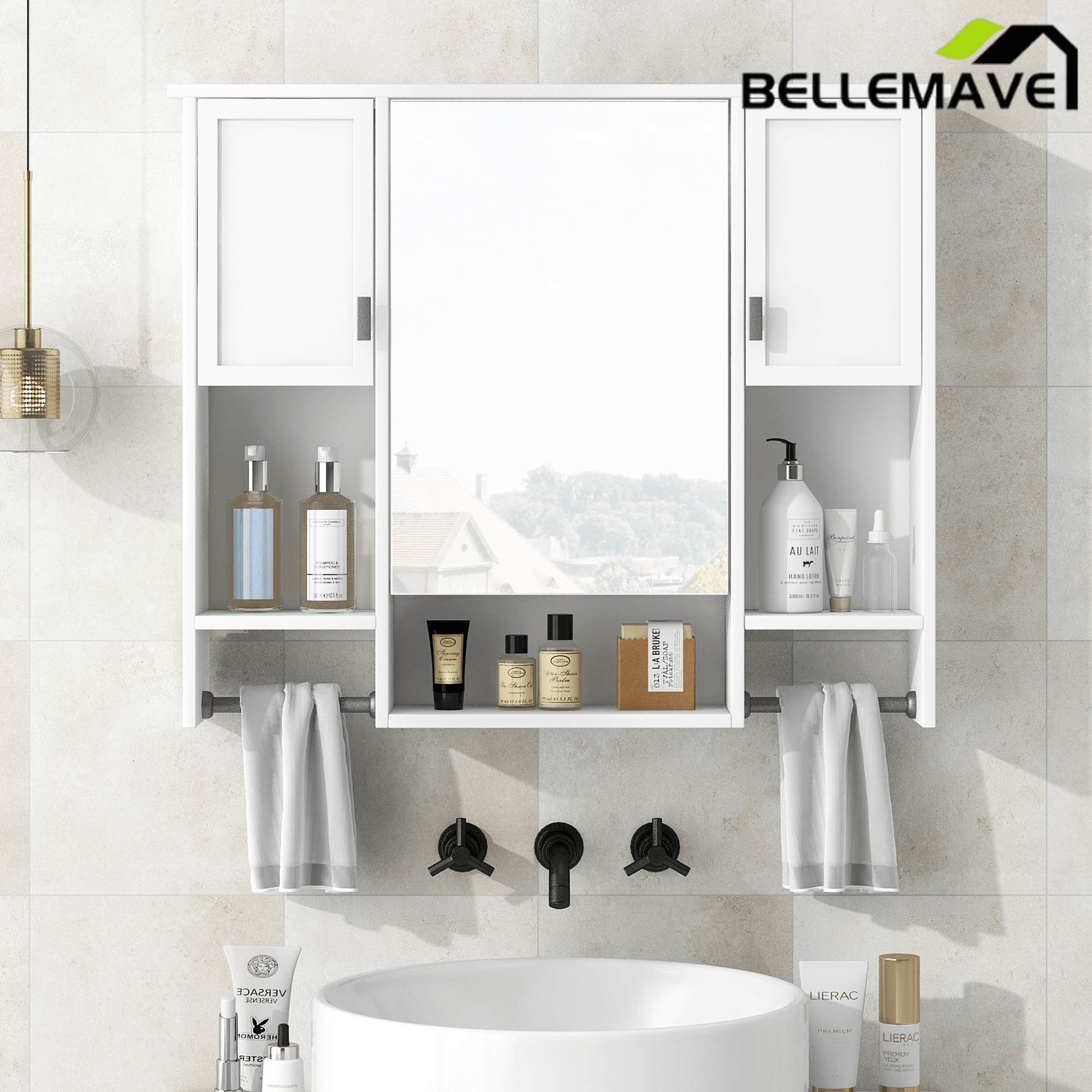 Bellemave® Over The Toilet Bathroom Cabinet with Mirror, Side Cabinet & Towel Bar – Wall Mounted Storage, 35"W x 28.7"H - Bellemave