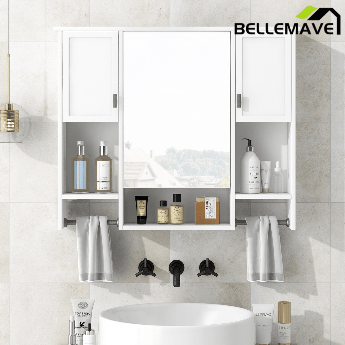 Bellemave® Over The Toilet Bathroom Cabinet with Mirror, Side Cabinet & Towel Bar – Wall Mounted Storage, 35"W x 28.7"H - Bellemave