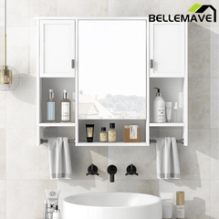 Bellemave® Over The Toilet Bathroom Cabinet with Mirror, Side Cabinet & Towel Bar – Wall Mounted Storage, 35"W x 28.7"H - Bellemave