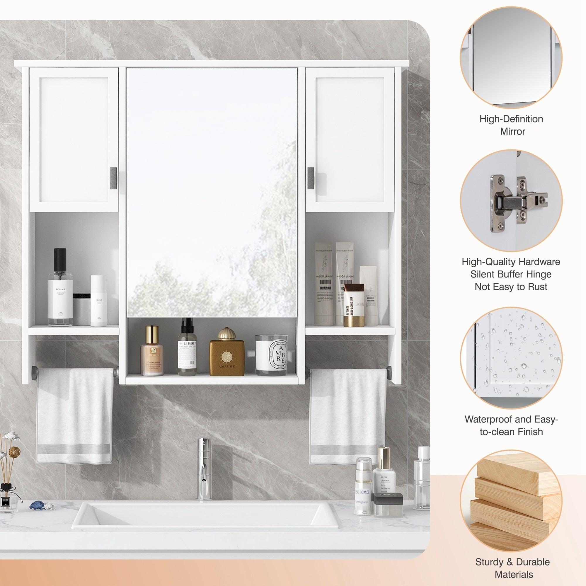 Bellemave® Over The Toilet Bathroom Cabinet with Mirror, Side Cabinet & Towel Bar – Wall Mounted Storage, 35"W x 28.7"H - Bellemave