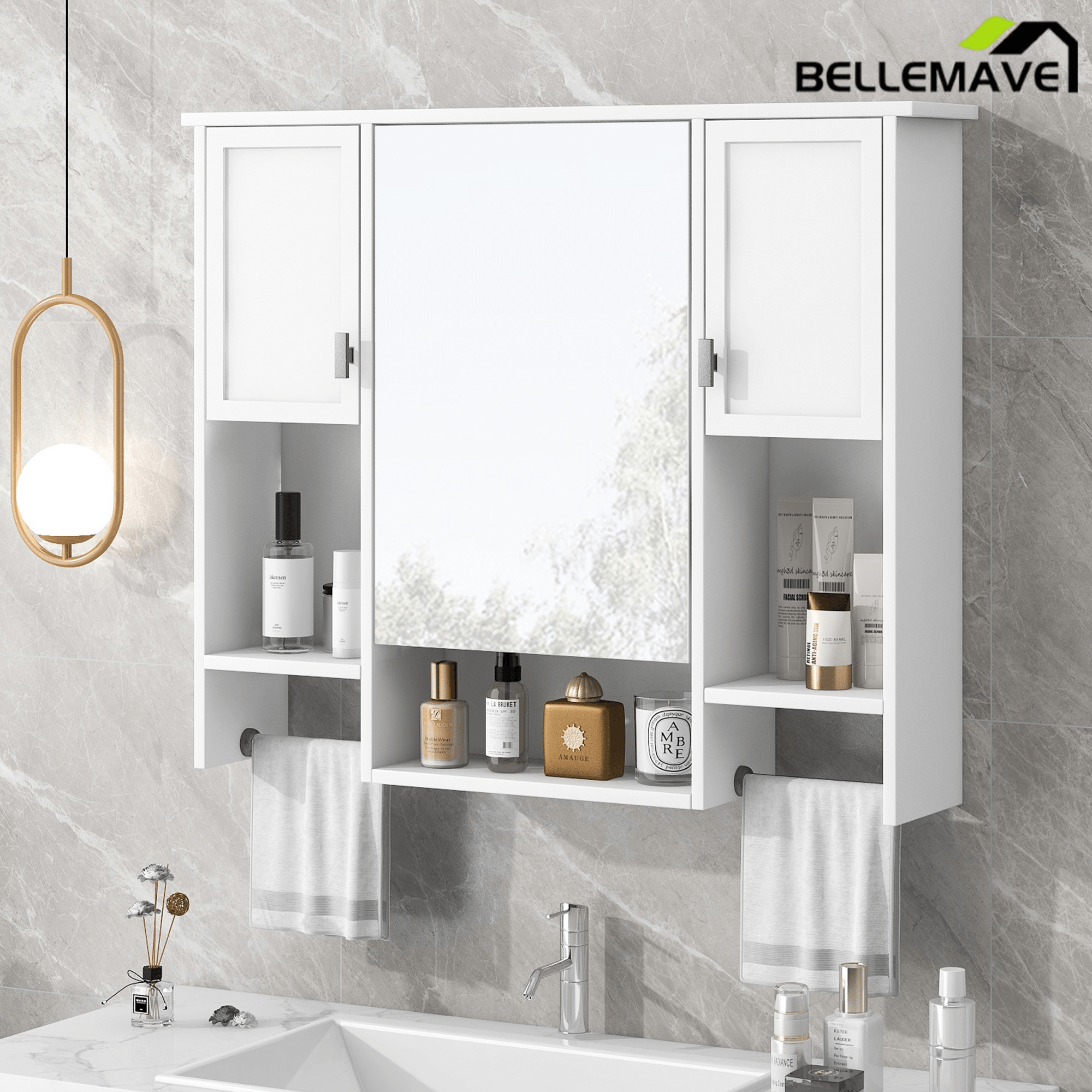 Bellemave® Over The Toilet Bathroom Cabinet with Mirror, Side Cabinet & Towel Bar – Wall Mounted Storage, 35"W x 28.7"H - Bellemave