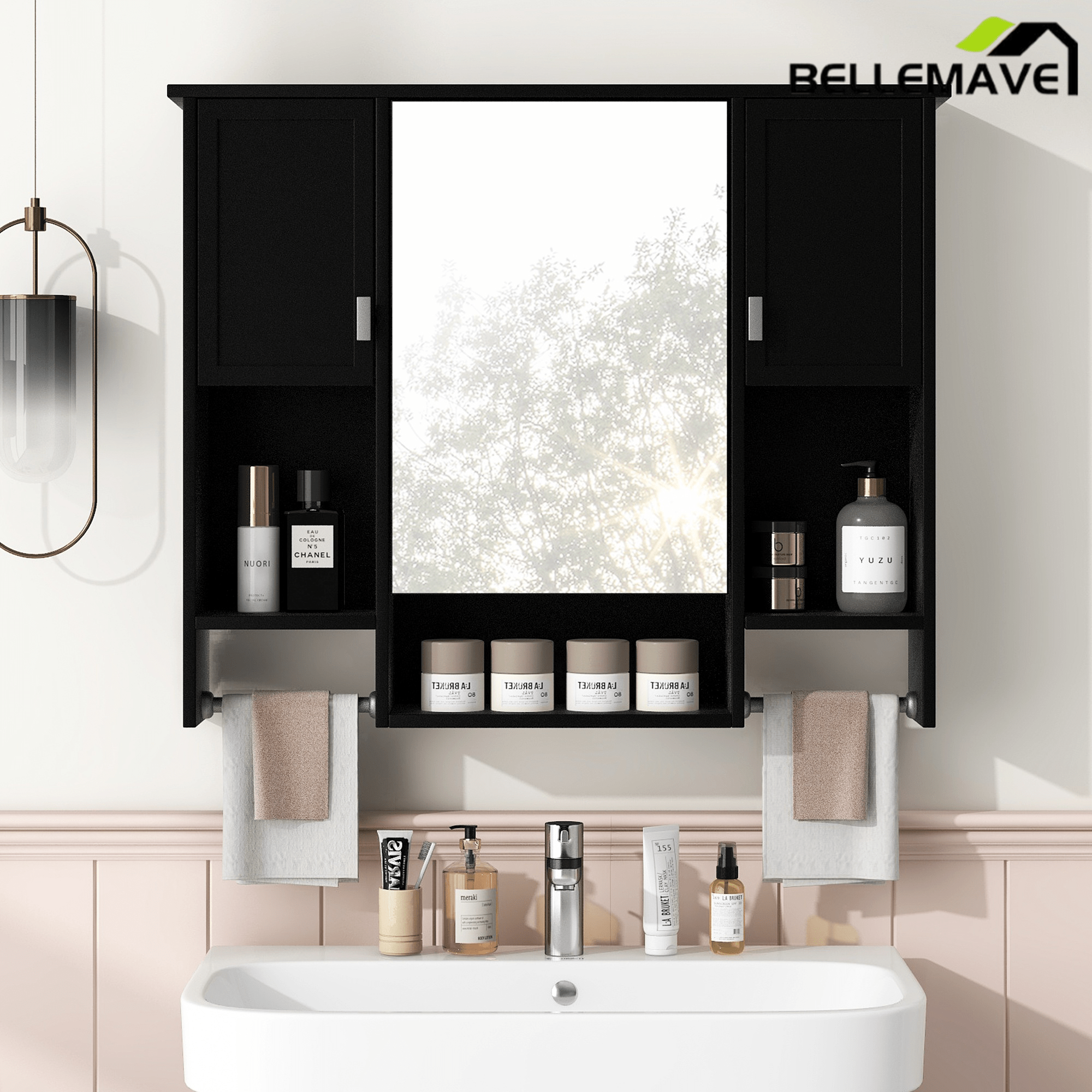 Bellemave® Over The Toilet Bathroom Cabinet with Mirror, Side Cabinet & Towel Bar – Wall Mounted Storage, 35"W x 28.7"H - Bellemave