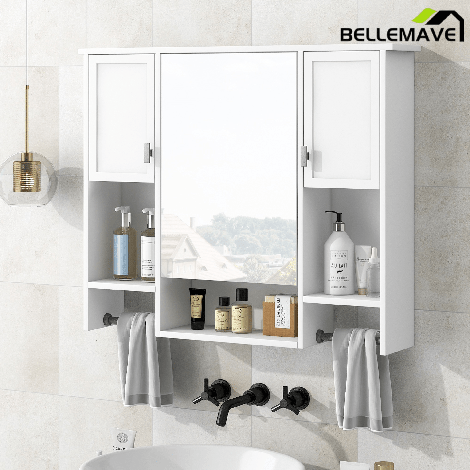 Bellemave® Over The Toilet Bathroom Cabinet with Mirror, Side Cabinet & Towel Bar – Wall Mounted Storage, 35"W x 28.7"H - Bellemave