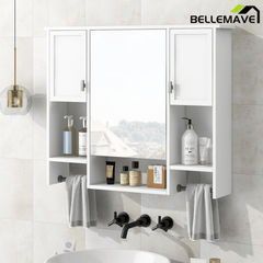 Bellemave® Over The Toilet Bathroom Cabinet with Mirror, Side Cabinet & Towel Bar – Wall Mounted Storage, 35"W x 28.7"H - Bellemave
