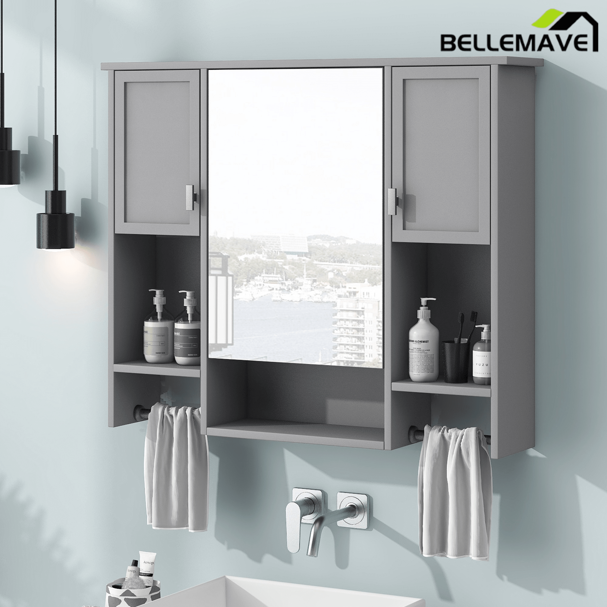 Bellemave® Over The Toilet Bathroom Cabinet with Mirror, Side Cabinet & Towel Bar – Wall Mounted Storage, 35"W x 28.7"H - Bellemave
