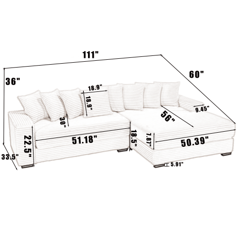 Bellemave® Oversized Two - Piece L Shaped Corduroy Sofa with Armrests and 8 Throw Pillows - Bellemave