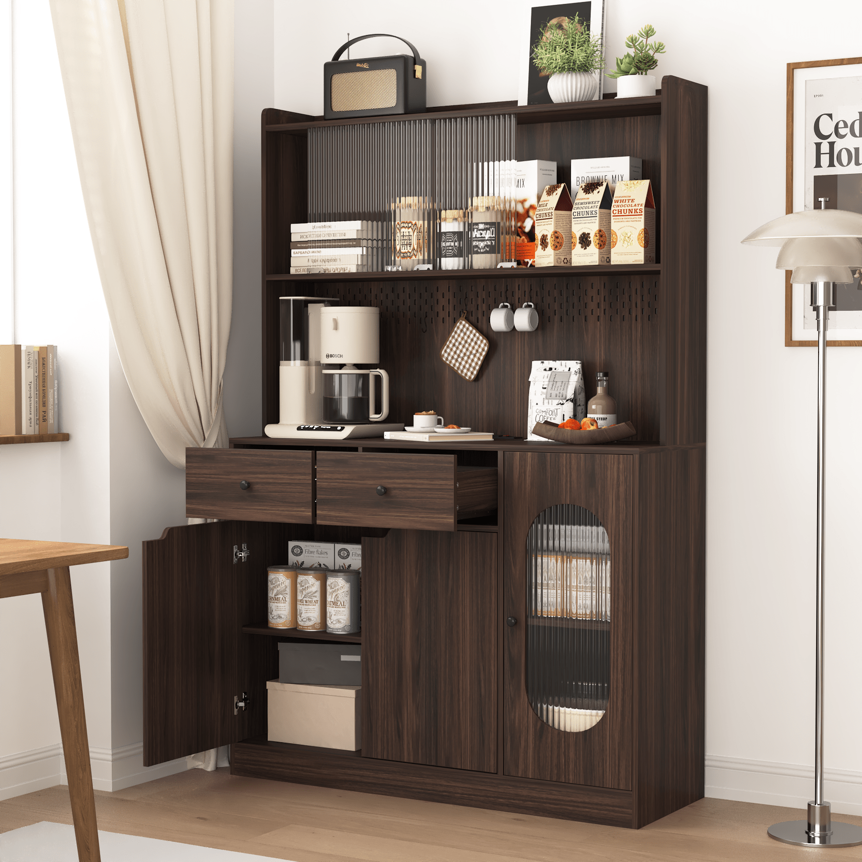 Bellemave® Pantry Cabinet with Framed Glass Doors and Drawer, Wooden,White - Bellemave