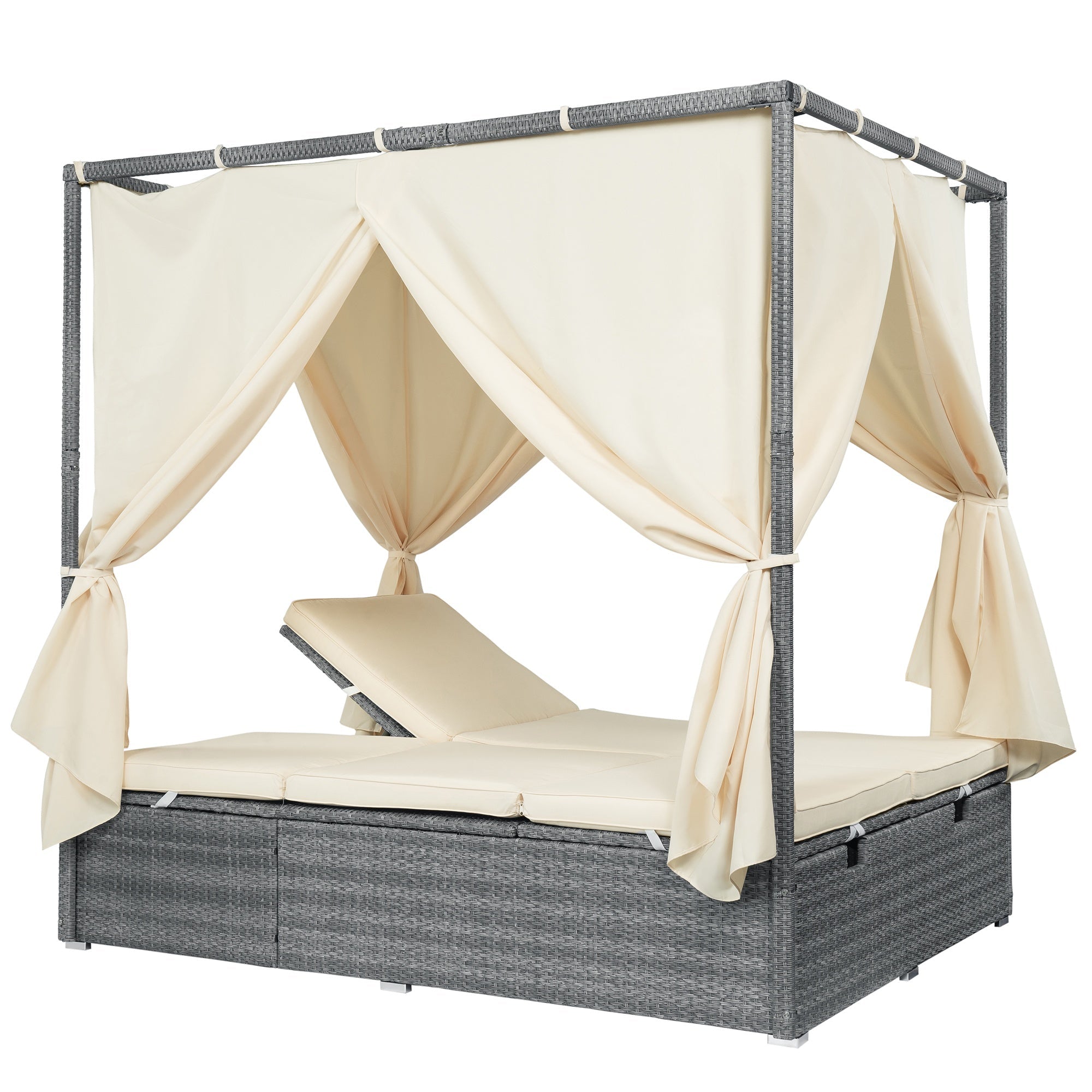 Bellemave® Patio Chaise Lounge,PE Rattan Outdoor Patio Wicker Adjustable Outdoor Sun Bed with Four - sided Canopy & Comfortable Cushion – Versatile Use for Patio, Garden, and Poolside - Bellemave
