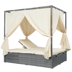 Bellemave® Patio Chaise Lounge,PE Rattan Outdoor Patio Wicker Adjustable Outdoor Sun Bed with Four - sided Canopy & Comfortable Cushion – Versatile Use for Patio, Garden, and Poolside - Bellemave