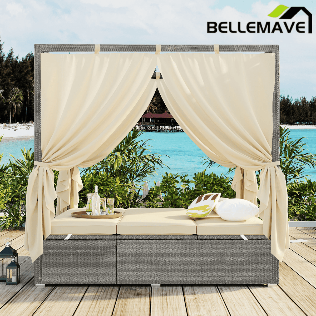 Bellemave® Patio Chaise Lounge,PE Rattan Outdoor Patio Wicker Adjustable Outdoor Sun Bed with Four - sided Canopy & Comfortable Cushion – Versatile Use for Patio, Garden, and Poolside - Bellemave