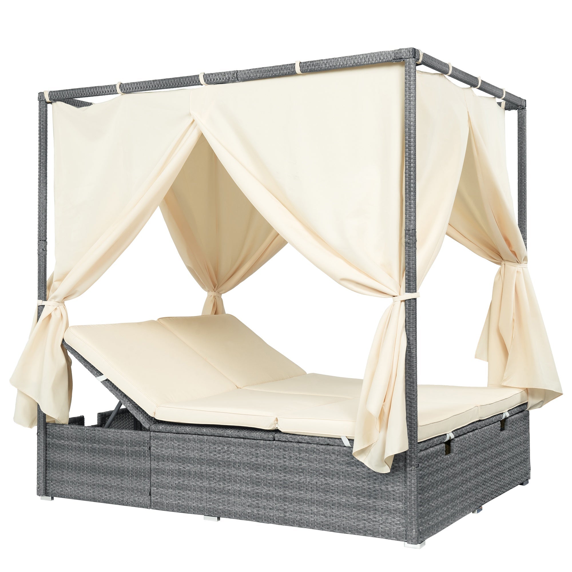 Bellemave® Patio Chaise Lounge,PE Rattan Outdoor Patio Wicker Adjustable Outdoor Sun Bed with Four - sided Canopy & Comfortable Cushion – Versatile Use for Patio, Garden, and Poolside - Bellemave