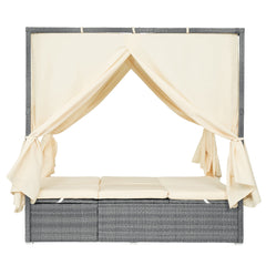 Bellemave® Patio Chaise Lounge,PE Rattan Outdoor Patio Wicker Adjustable Outdoor Sun Bed with Four - sided Canopy & Comfortable Cushion – Versatile Use for Patio, Garden, and Poolside - Bellemave