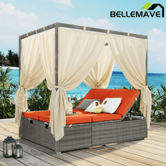 Bellemave® Patio Chaise Lounge,PE Rattan Outdoor Patio Wicker Adjustable Outdoor Sun Bed with Four - sided Canopy & Comfortable Cushion – Versatile Use for Patio, Garden, and Poolside - Bellemave