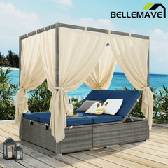 Bellemave® Patio Chaise Lounge,PE Rattan Outdoor Patio Wicker Adjustable Outdoor Sun Bed with Four - sided Canopy & Comfortable Cushion – Versatile Use for Patio, Garden, and Poolside - Bellemave