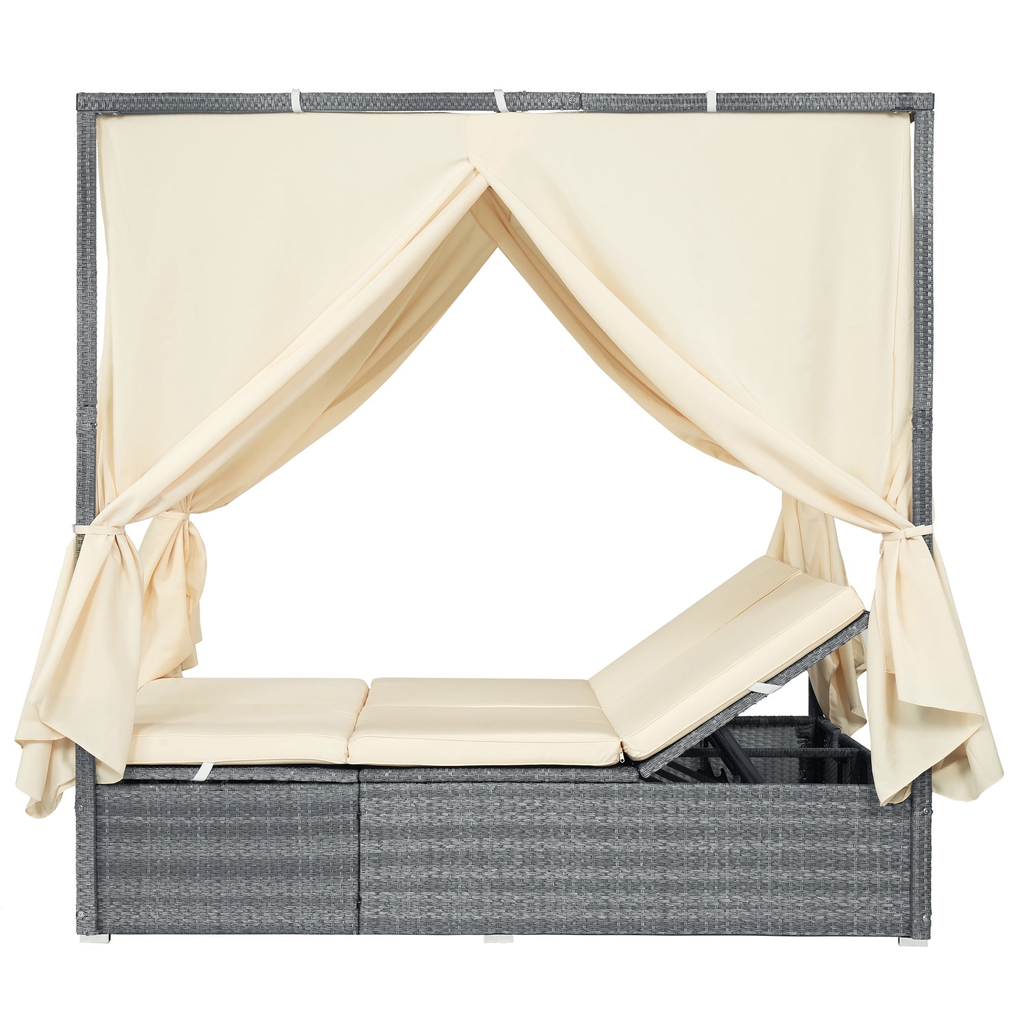 Bellemave® Patio Chaise Lounge,PE Rattan Outdoor Patio Wicker Adjustable Outdoor Sun Bed with Four - sided Canopy & Comfortable Cushion – Versatile Use for Patio, Garden, and Poolside - Bellemave