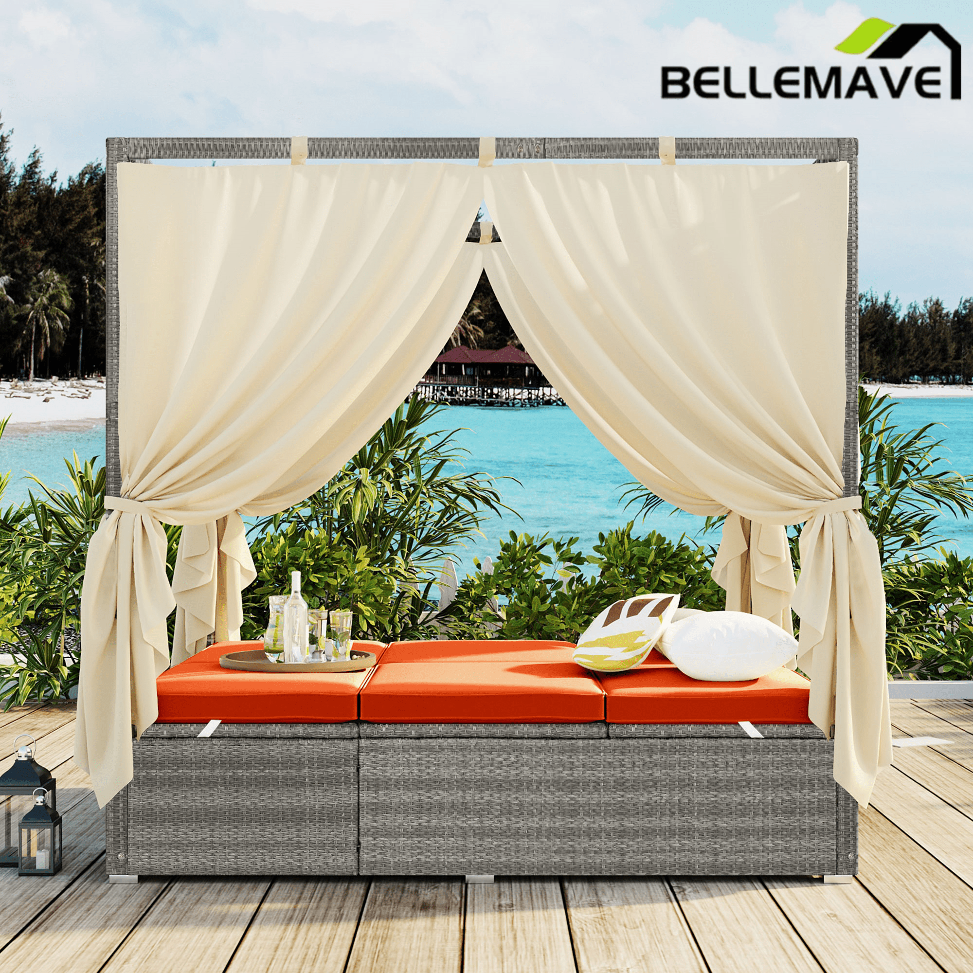 Bellemave® Patio Chaise Lounge,PE Rattan Outdoor Patio Wicker Adjustable Outdoor Sun Bed with Four - sided Canopy & Comfortable Cushion – Versatile Use for Patio, Garden, and Poolside - Bellemave