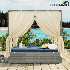 Bellemave® Patio Chaise Lounge,PE Rattan Outdoor Patio Wicker Adjustable Outdoor Sun Bed with Four - sided Canopy & Comfortable Cushion – Versatile Use for Patio, Garden, and Poolside - Bellemave