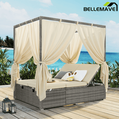 Bellemave® Patio Chaise Lounge,PE Rattan Outdoor Patio Wicker Adjustable Outdoor Sun Bed with Four - sided Canopy & Comfortable Cushion – Versatile Use for Patio, Garden, and Poolside - Bellemave