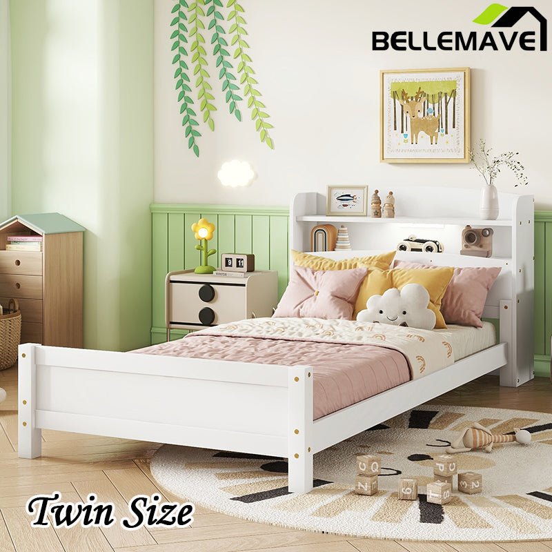 Bellemave® Pine Wood Bed with Bookcase Headboard ,LED Motion Sensor Light and Guardrails - Bellemave