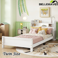 Bellemave® Pine Wood Bed with Bookcase Headboard ,LED Motion Sensor Light and Guardrails - Bellemave