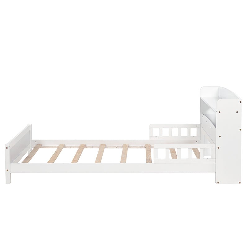 Bellemave® Pine Wood Bed with Bookcase Headboard ,LED Motion Sensor Light and Guardrails - Bellemave