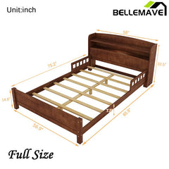 Bellemave® Pine Wood Bed with Bookcase Headboard ,LED Motion Sensor Light and Guardrails - Bellemave
