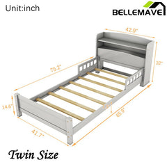 Bellemave® Pine Wood Bed with Bookcase Headboard ,LED Motion Sensor Light and Guardrails - Bellemave