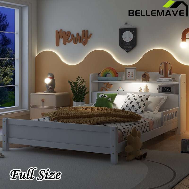 Bellemave® Pine Wood Bed with Bookcase Headboard ,LED Motion Sensor Light and Guardrails - Bellemave