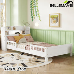 Bellemave® Pine Wood Bed with Bookcase Headboard ,LED Motion Sensor Light and Guardrails - Bellemave