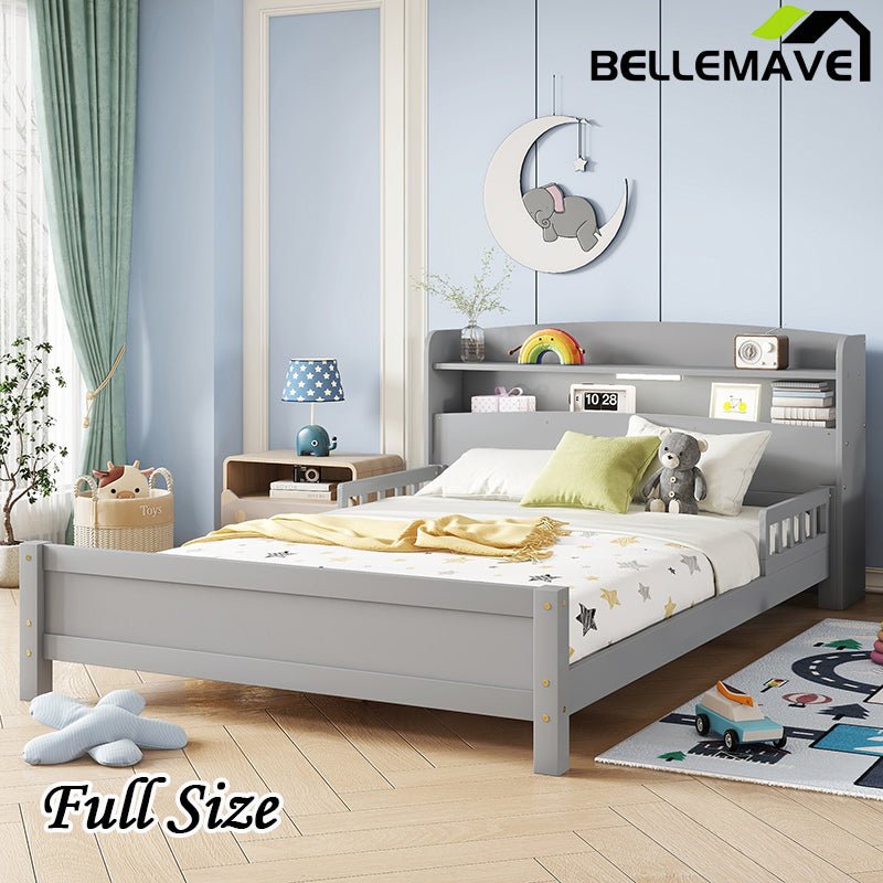 Bellemave® Pine Wood Bed with Bookcase Headboard ,LED Motion Sensor Light and Guardrails - Bellemave