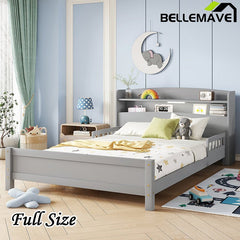 Bellemave® Pine Wood Bed with Bookcase Headboard ,LED Motion Sensor Light and Guardrails - Bellemave
