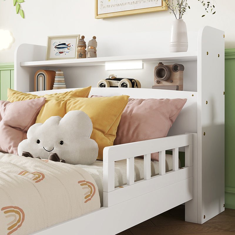 Bellemave® Pine Wood Bed with Bookcase Headboard ,LED Motion Sensor Light and Guardrails - Bellemave