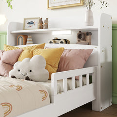 Bellemave® Pine Wood Bed with Bookcase Headboard ,LED Motion Sensor Light and Guardrails - Bellemave
